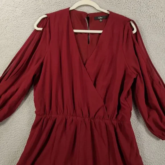 Lulus Romper Womens XL Burgundy Snap Front Sheer Lined Elastic Waist Sleeve - Picture 4 of 15